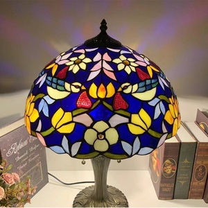 LongHuiJing Tiffany <b>Table</b> <b>Lamps</b> Flower and Birds Stained Glass Lampshade Antique Art Style Desk <b>Lamp</b> With Lotus Metal <b>Base</b> - Product Image 3