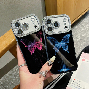 Étui <span class=keywords><strong>de</strong></span> téléphone portable Bling Diamond Butterfly <span class=keywords><strong>pour</strong></span> iPhone 16 15 14 13 Pro Max Plus, objectif d'appareil photo en verre IMD, coque rigide noire brillante en PC - Product Image 1