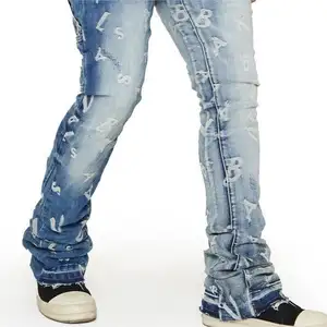 Men Painted flare sweatpants Vintage fading wash mid stretch skinny fit Denim stacked jeans Mens Flared pants