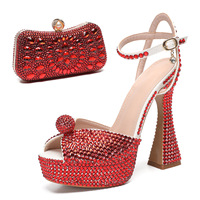 Sandales à talon bloc compensé et bout ouvert avec strass pour femme, grande taille, à talon aiguille, avec bride cheville, et pochette assortie – Ensemble élégant à talon très haut
