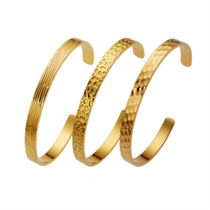 Simple Engraved Hammer <b>Gold</b> Plated Stainless Steel <b>Bracelet</b> Open <b>Adjustable</b> Cuff Bangle for Girls - Product Image 3