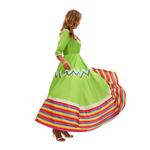 Vestido largo verde de estilo étnico mexicano con ribete de arcoíris para actuaciones en escenario, talla adulta para mujer - Product Image 2