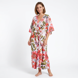 Robe coréenne moderne en coton imprimé floral multicolore pour femme, lavable, respirante, longueur genou, col en V, naturelle, écologique, style plage doux - Product Image 1
