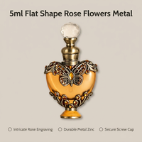 Flacons de parfum métalliques plats de 5 ml en forme de rose avec bouchon à vis, surface gravée, diffuseur à bâtonnets pour huiles essentielles # 59700/59701