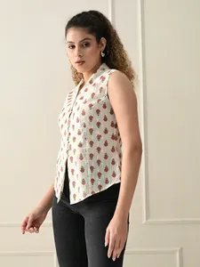 Chaleco de verano de Rosebloom Top sin mangas con botones estampado Handblock de moda en Algodón 100% con diseño limpio sin cuello - Product Image 4