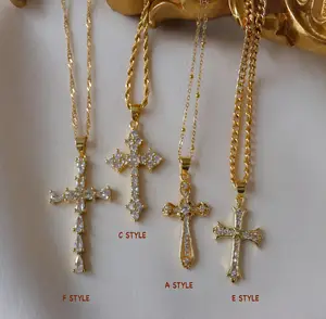 Colar de pingente de cruz religioso de aço inoxidável, colar banhado a ouro 925 de prata esterlina 14k18k