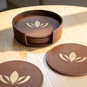Bulk Laser Engraved Logo Classic Leather <strong>Coasters</strong> Storage Holder 6 Pack Heat Resistant <strong>Cup</strong> Mats Tea Wine Whiskey Office Gift - Product Image 1