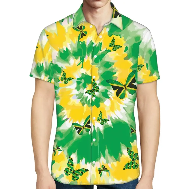 Print on Demand Jamaican Flag Design Green Shirt Custom Tie-dye Printing Jamaica Sublimation Shirt Wholesale Men Short Shirt