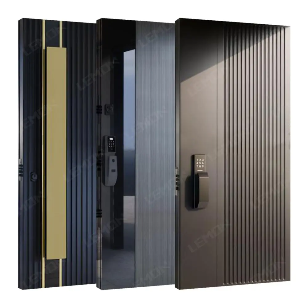 Puerta de entrada de acero inoxidable de diseño de lujo, puerta pivotante delantera de seguridad exterior, puerta pivotante de aluminio negro de entrada moderna