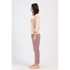 Conjunto de Pijama para Mujer, Cuello Redondo, Hombros Caídos, Manga 3/4, Plisado, Bolsillos, 7/8, Color Beige - Product Image 2
