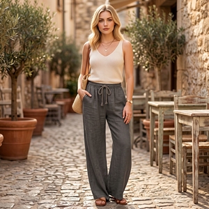 Summer <strong>Women's</strong> High Waist Polyester Pants Plus Size Casual Loose Wide Leg With Drawstring Pocket Long <strong>Trouser</strong> Pants <strong>for</strong> <strong>Women</strong> - Product Image 3