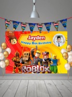 Décoration de table de dessert pour fête d'anniversaire ROBLOX moderne bleue, avec topper de gâteau, bannière, guirlande, décoration photo personnalisée, panneau KT, unisexe