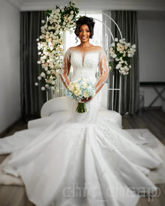 Arabic Plus Size <b>White</b> Mermaid Wedding Dresses Beaded Crystals Sequined Stunning Long Sleeve Bridal Wedding Gowns - Product Image 3
