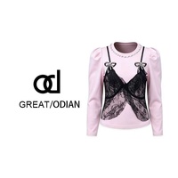 Haut pour femmes 1311Ladies, élégant, col rond, manches longues, dentelle, nœud décoratif, style tendance