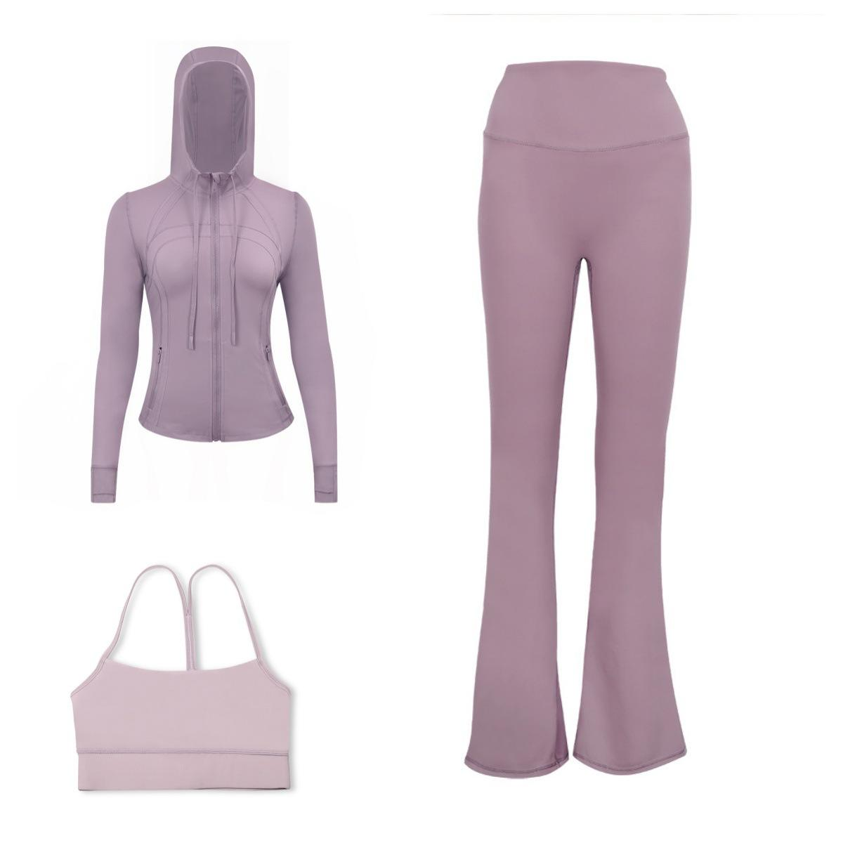 Solid Color Breathable Hooded Jacket Y Back Bra High Waisted Flare Pants Fitness Three Piece Set Sportswear