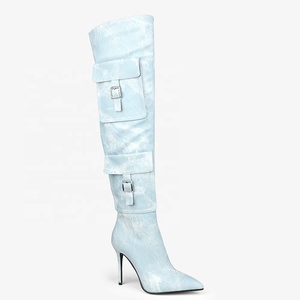 Women Large Size 45 Over Knee <b>Boots</b> Big Pockets Ornament Blue Denim Thigh High Booties Custom Colors Thin Heels Shoes - Product Image 3