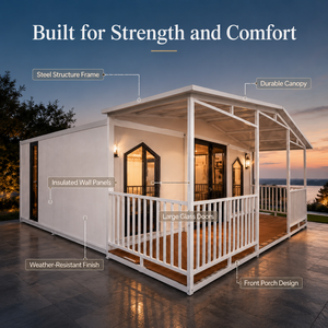 Casa Contenedor Moderna con Estructura de Acero, Porche Frontal, Paneles Aislantes, Puertas de Vidrio Grandes, Acabado Resistente a la Intemperie, Diseño de Villa - Product Image 1