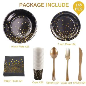 Servilletas de platos de papel desechables, color negro y dorado, vasos, mantel, tenedores, cuchillos y cucharas, suministros para fiesta de cumpleaños de 60 años - Product Image 5