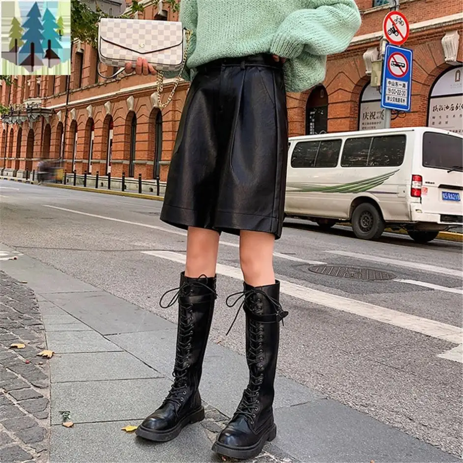 2022 spring and Autumn New Women's fashion leather shorts Korean version elastic waist loose five point leather pants
