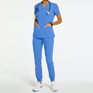 Pantalon droit élastique en spandex pour femmes, vêtement d'hôpital, en spandex, avec col en v, uniforme de gommage, vente en gros