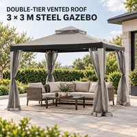 Tonnelle de jardin autoportante moderne à double niveau 3x3x2.75M avec moustiquaire et rideaux, structure en acier Q235 pour l'extérieur