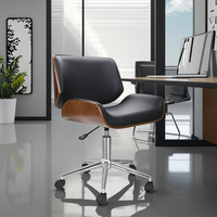 Chaise de bureau moderne en bois courbé noyer, revêtement en cuir PU noir, hauteur réglable, pivotante, pour bureau à domicile et travail sur ordinateur