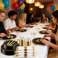 175 pièces d'assiettes jetables en plastique noir et or sans BPA, avec bord doré, couverts et plateaux, pour mariage, fête, anniversaire