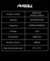 PUSKILL New Design DDR4 RGB RAM 8GB/16GB/32GB 3200MHz/3600MHz for Desktop Gaming in Stock