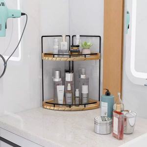 Étagère d'angle en bois à deux niveaux pour salle de bain, cuisine, bureau, organiseur de bureau, étagère autoportante avec structure métallique - Product Image 2