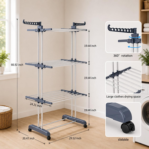 3 tendederos grandes de pie plegables, ajustables, retráctiles y desmontables con barras - Product Image 3