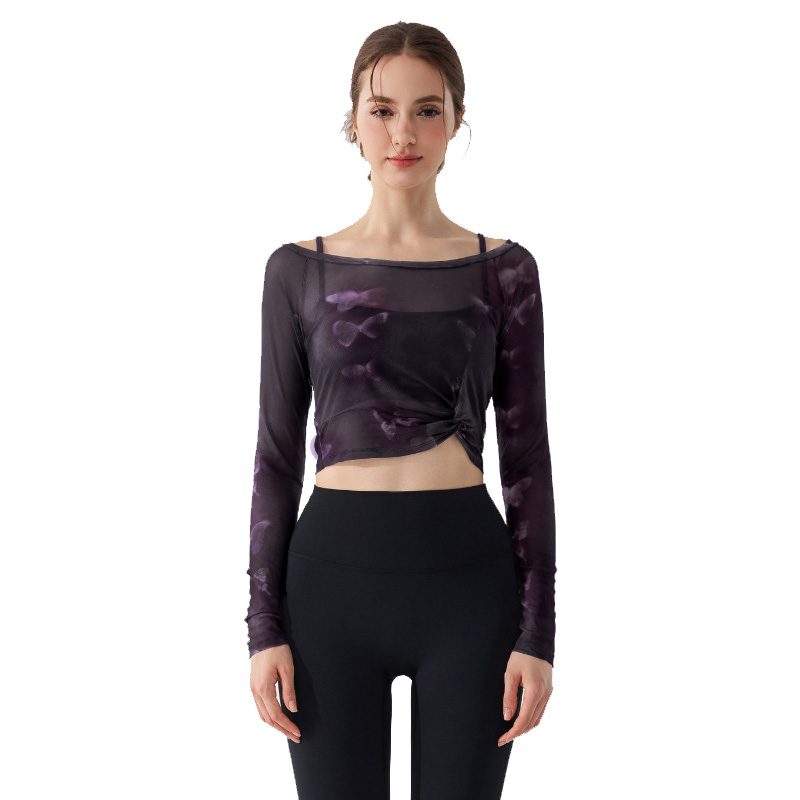 Butterfly Printed Long Sleeve Mesh Sports Fitness Top Sexy Quick Dry 2 Pcs Yoga Top for Women Slim Fitness Ladies Gymwear