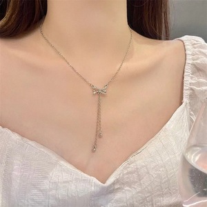 Bowknot Tassel Necklace Zinc Alloy Sparkling Diamond Chain Elegant Collarbone For Women Gift - Product Image 3