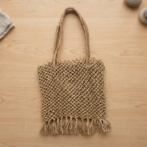 Handwoven Solid Color Jute Tote <b>Bag</b> with Open Closure Crochet <b>Net</b> Design and Tassel Handles for Beach Travel Shopping - Product Image 2