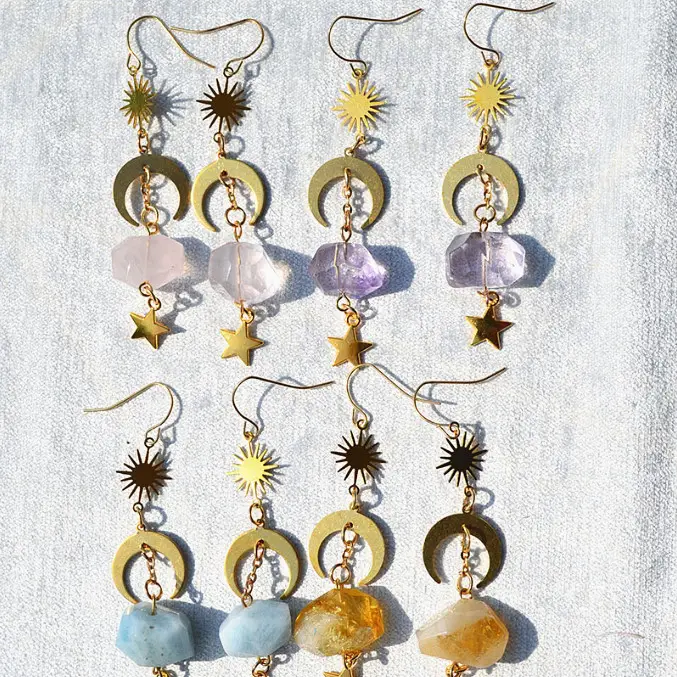 Fashion bohemian irregular natural crystal rose quartz gold hook earrings women crystal dangle drop earrings jewelry