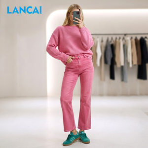 LANCAI Women's 2 Piece Knitted Pink <b>Sweater</b> <b>Set</b> With Pocket Loose Fit Pink Knit <b>Sweater</b> Flare Jeans Breathable Top - Product Image 2