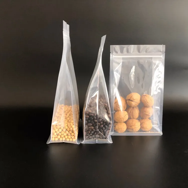 स्टॉक थोक पुनर्विक्रय योग्य नायलॉन स्पष्ट प्लास्टिक खाद्य भंडारण फ्लैट तल बैग उपयोग के लिए