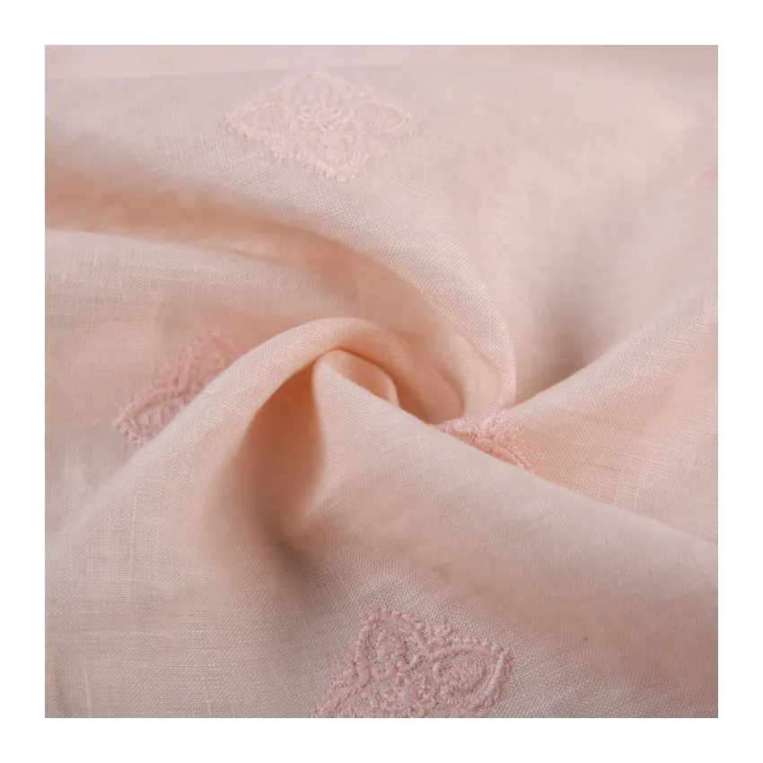 Fils de laine 100% Polyester rose, Lot de vêtements en lin brodés pour robe, lin avec broderie, en Stock, OEM prise 195 G/M