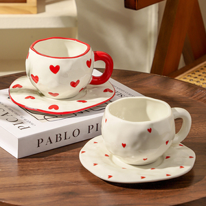 Classic Retro Ins Flower Pink Ceramic Tea <b>Cup</b> and Saucer <b>Set</b> Hand-Kneaded Asymmetrical Dessert Bowl and Mug for Coffee and Tea - Product Image 5