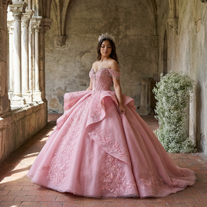 Vestido de Quinceañera Rosa Xy001, Largo hasta el Suelo, Talla Grande, con Apliques, Lentejuelas, Cristales, Espalda con Cordones, Lavable, Servicio OEM - Product Image 1