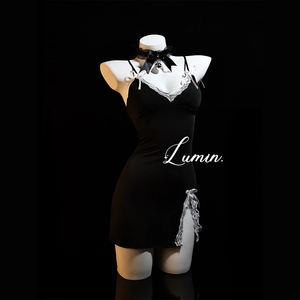 Lingerie rouge sexy avec bretelles à nœud papillon, chemise de nuit en dentelle et tissu transparent, pyjama confortable - Product Image 6