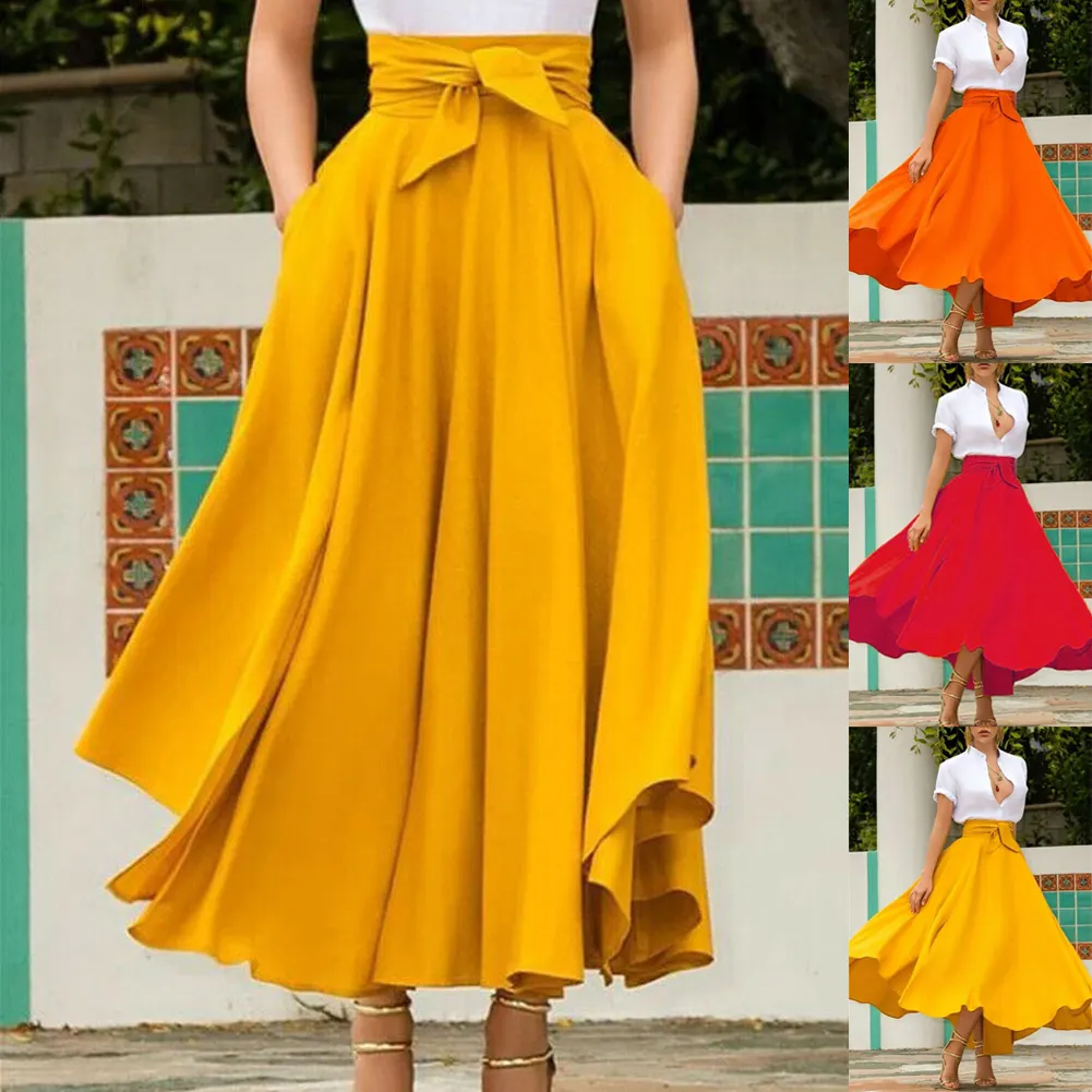New High Waist Pockets Women's Skirt Summer Spring Elegant Bow Pleated Dress Ladies Casual Large Hem Skirts