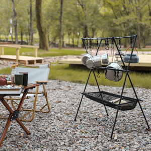 Support de rangement de camping en aluminium pour l'extérieur, porte-vaisselle multifonctionnel avec crochets et étagère en maille pour usage extérieur - Product Image 2