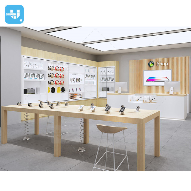 Trendy Wooden Cellphone Store Display Table Mobile Phone Accessories Shop Design Custom Cell Phone Shop Furniture for Headset