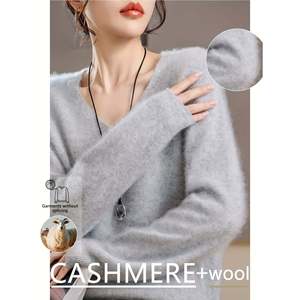 Suéter con cuello en V, mezcla de lana y cachemira, gris para mujer - Product Image 6