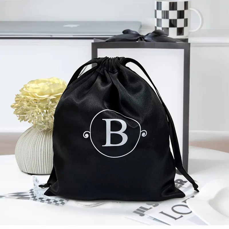 Benutzer definierte Logo Luxus Black Pouch Schmuck Schuhe Seide Satin Kordel zug Tasche mit Band