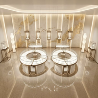 Vitrine d'îlot commerciale haut de gamme en fer circulaire éclairé pour bijoux, grande vitrine incurvée en verre avec éclairage LED, écologique