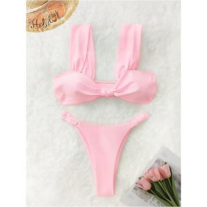 Ensemble bikini deux pièces personnalisé pour femme, maillot de bain bandeau torsadé coupe haute, extensible en Spandex et Polyester, tenue de plage - Product Image 3