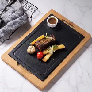 Basis Natuurlijke Bamboe Steak Snijplank Zwarte Leistenen Stenen Dienblad Voor Hotel En Restaurant Serveerschalen Hakblokken