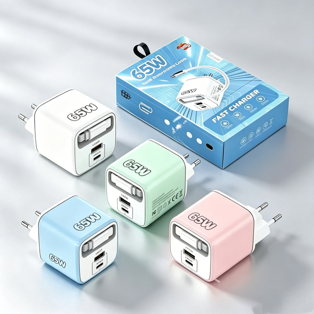 65W USB-C GaN Fast Charger Built-in Retractable Cable USB Type-C PD Wall Charging Type C Power Adapter