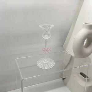 Cute Pink Bow Clear Glass Handmade Candlestick Holder Elegant <strong>Tall</strong> Ribbed Candle Stand Christmas Easter Desk/<strong>Table</strong> Aesthetic - Product Image 3